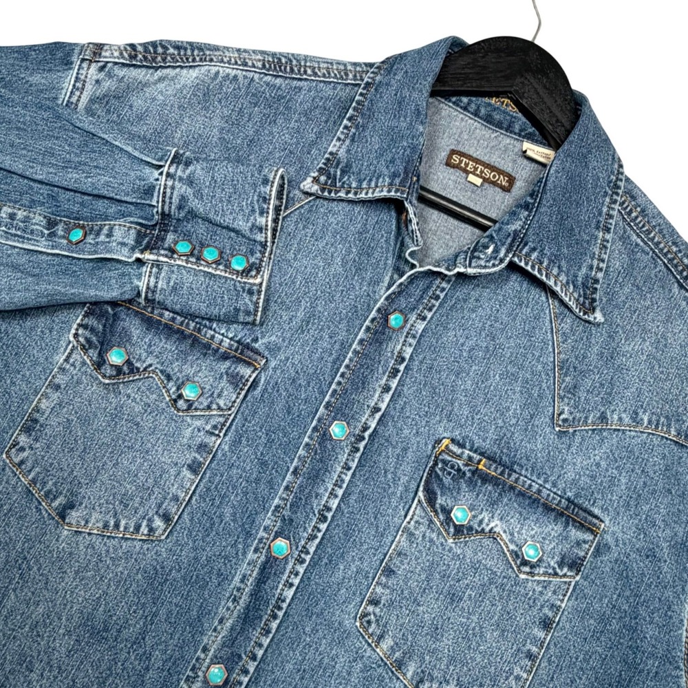 Stetson Mens L Denim Sportsman Turquoise Pearl Snap Western Cowboy Jean Shirt